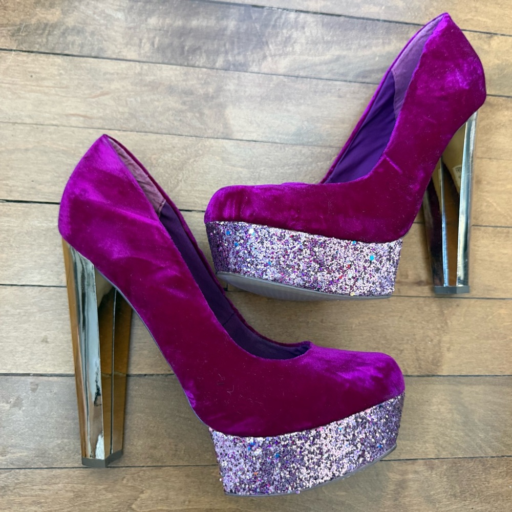 Topshop Fuschia Velvet Glitter Heels